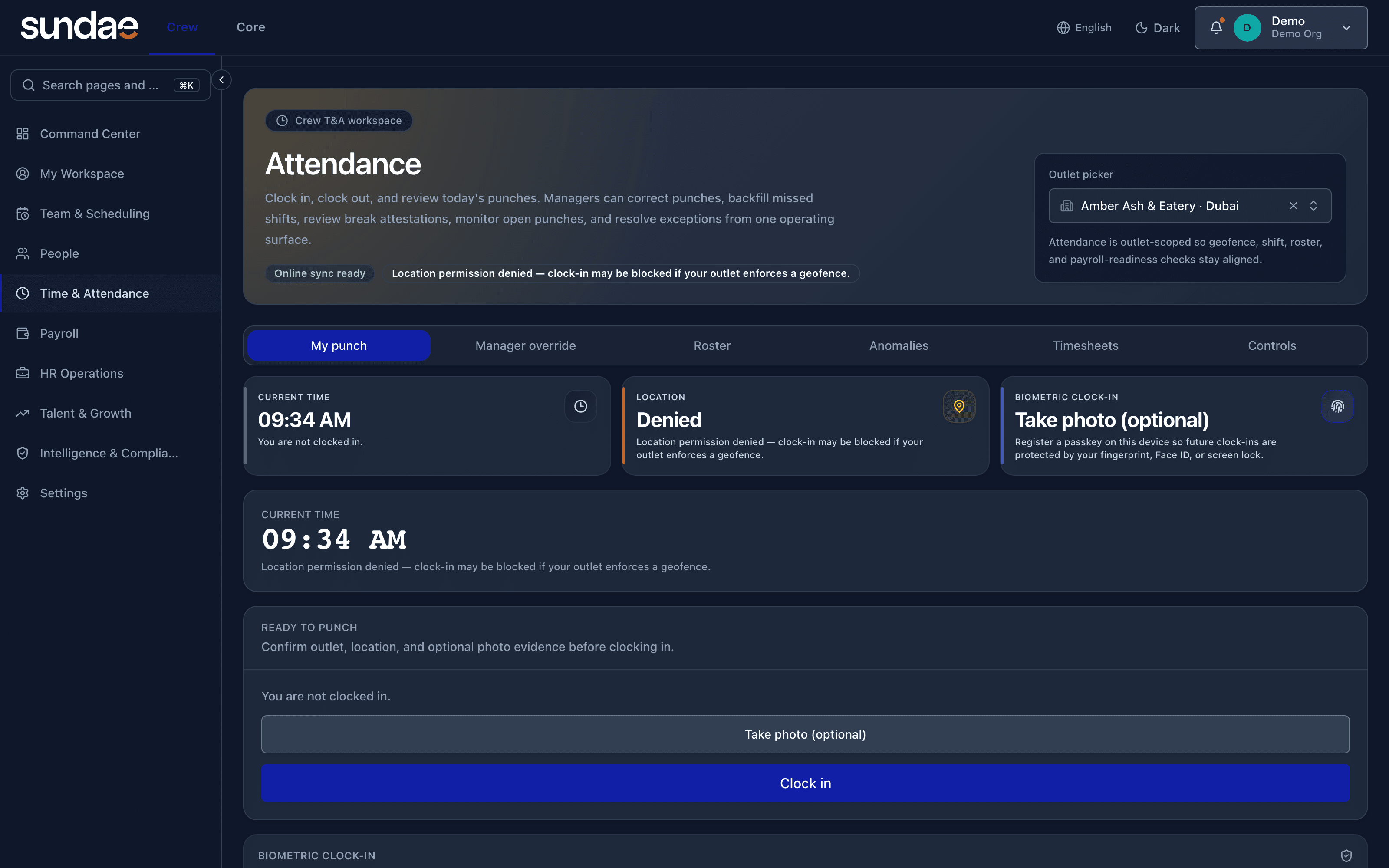 Sundae Crew — Time & Attendance: verified mobile punching with geofence and timesheet approvals